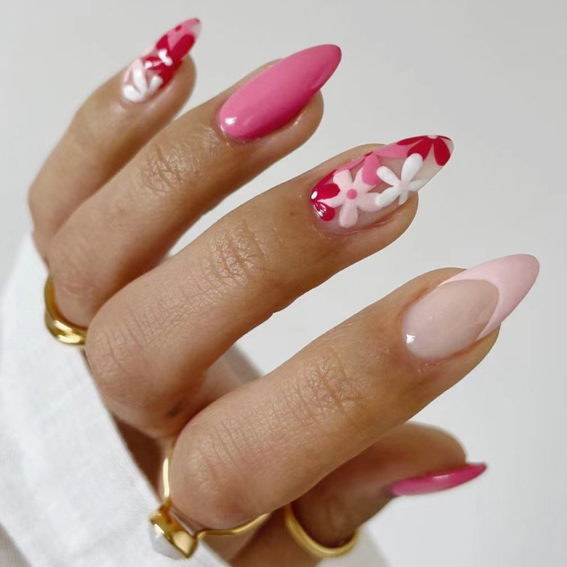 Wholesale almond armour full printed flower fake nails finished European and American ins Wind gentle girl wearing armour