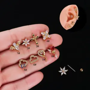 Wholesale 316L Stainless Steel Copper Zircon Ear Cartilage Rings & Studs Geometric Waterproof Non Tarnish Surgical Steel Women'S