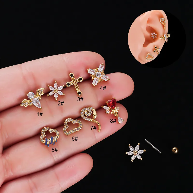 Wholesale 316L Stainless Steel Copper Zircon Ear Cartilage Rings & Studs Geometric Waterproof Non Tarnish Surgical Steel Women'S