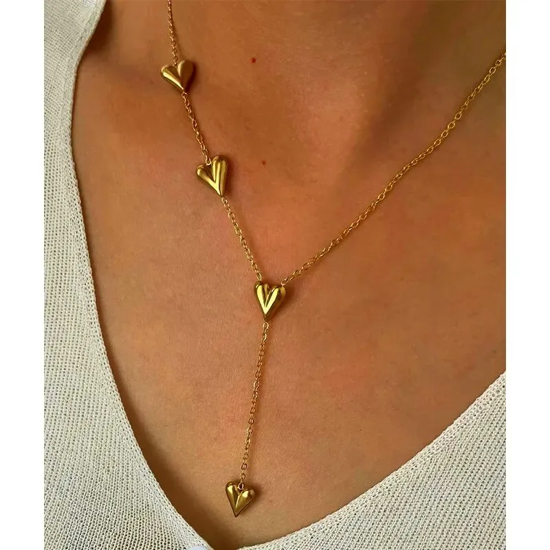 PVD Coated Real Gold Plated Heart Shape 304 Stainless Steel Simple Style Waterproof Non Tarnish Surgical Steel Plating Lobster Trier Clasp Closure Long Necklace