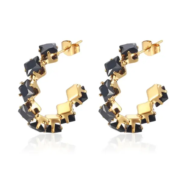 Wholesale 304 Stainless Steel C Shape Rhombus PVD Coated Zircon 18K Gold Plated IG Style Baroque Style Shiny Waterproof Non Tarnish Inlay Royal Blue Red Gold Ear Studs