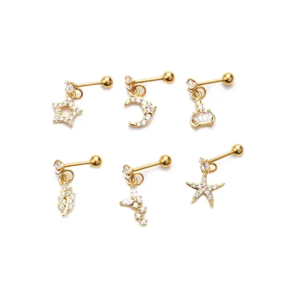 Copper Ear Cartilage Rings & Studs Pentagram Waterproof Non Tarnish Surgical Steel Women'S