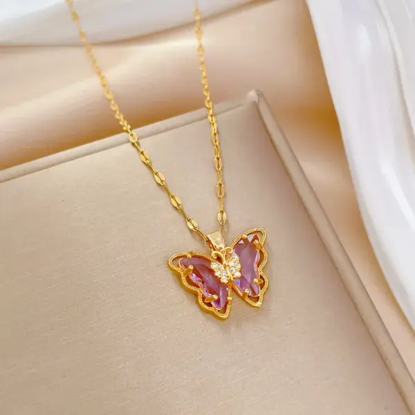 Wholesale Golden Plated 304 Stainless Steel Electroplating Zircon Butterfly Modern Style Pendant Necklace For Women'S