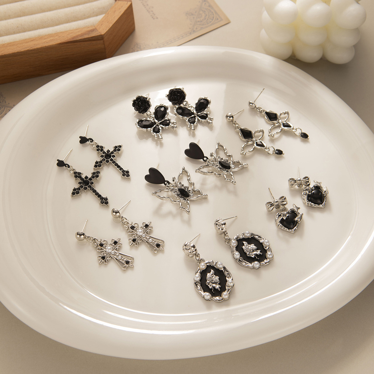 Wholesale Cyberpunk Face Dark Ear Metal Trendy Flash Pearl Cross Diamond Butterfly Earrings