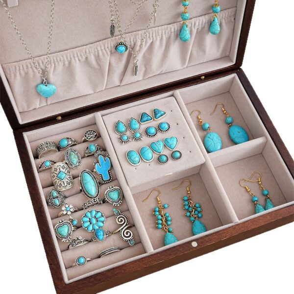 Wholesale Europe and the United States cross-border new ethnic turquoise jewelry suit silver love turquoise temperament women's jewelry suit
