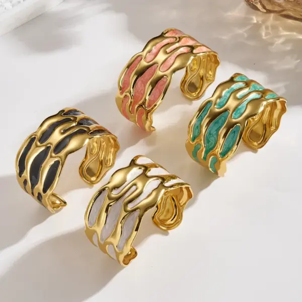 Wholesale European And American Fashion Exaggerated INS Style 304 Stainless Steel Furnace Vacuum Electroplating Gold Colorful Oil Drop Irregular Open Bracelet
