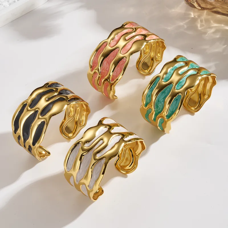 Wholesale European And American Fashion Exaggerated INS Style 304 Stainless Steel Furnace Vacuum Electroplating Gold Colorful Oil Drop Irregular Open Bracelet