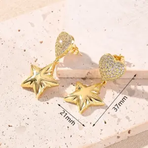 White Heart-Shaped Zircon Light Gold Five-Pointed Star Gold Earrings [37x21mm (Needle Thickness:0.8mm)] / 1 Pair/Package