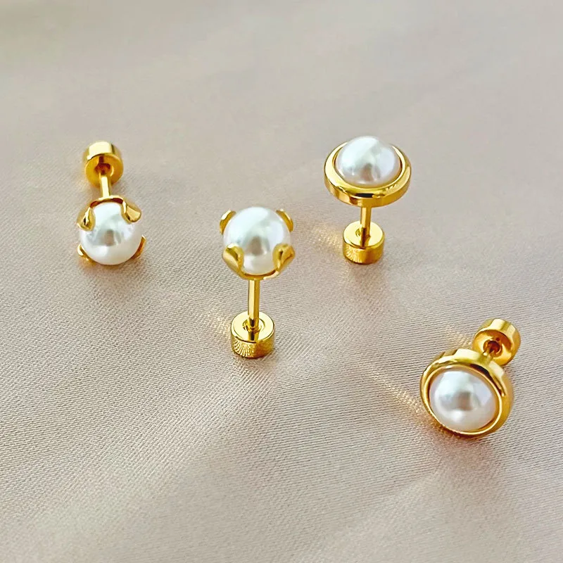Wholesale Simple Style Round Stainless Steel Plating Inlay Pearl Ear Studs 1 Piece