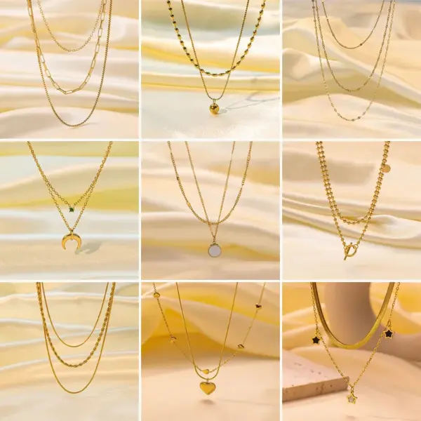 Wholesale Jewelry Simple Style Geometric Heart Shape Titanium Steel Shell Zircon 18K Gold Plated Inlay Layered Necklaces Necklace