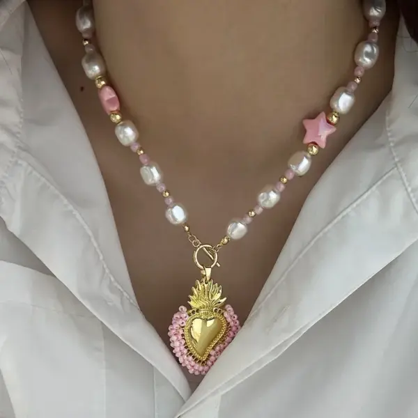 Wholesale Copper 18K Gold Plated Beaded Plating Star Heart Shape Pendant Necklace