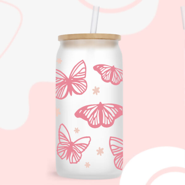 Wholesale UV transfer sticker for fluttering butterflies on glass cups, 16oz crystal glass cup.