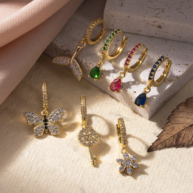 Wholesale 1 Piece Fashion Water Droplets Flower Butterfly Inlay Copper Zircon Ear Studs