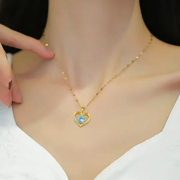 Real Gold Plated 304 Stainless Steel PVD Coated Zircon Heart Shape Waterproof Non Tarnish Fashion Pendant Necklace For Women'S