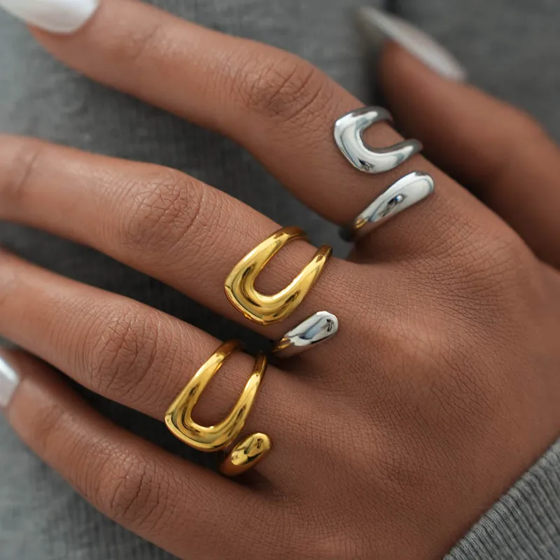 Wholesale PVD Coated Real Gold Plated 18K Gold Geometric 304 Stainless Steel IG Style Minimalist Design Simple Style Waterproof Non Tarnish Open Rings
