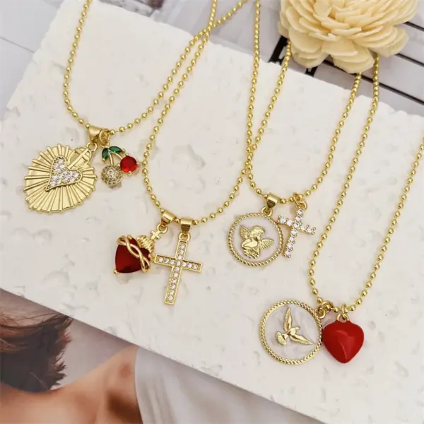 Copper Ball Chain 18K Gold Plated Inlay Cross Heart Shape Zircon Pendant Necklace