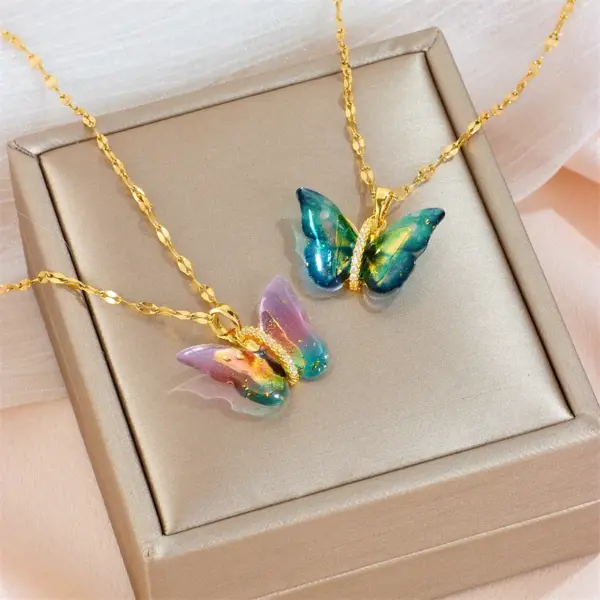 Wholesale 304 Stainless Steel Butterfly Vacuum Plating Artificial Gemstones 18K Real Gold Plated Sweet Inlay Pendant Necklace