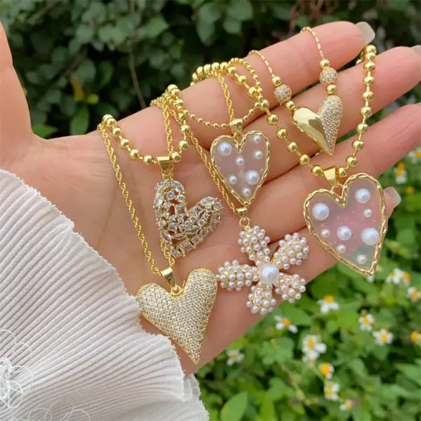 Wholesale Jewelry Retro Classic Style Heart Shape Copper Zircon 18K Gold Plated Inlay Ball Chain Twisted Rope Chain Pendant Necklace