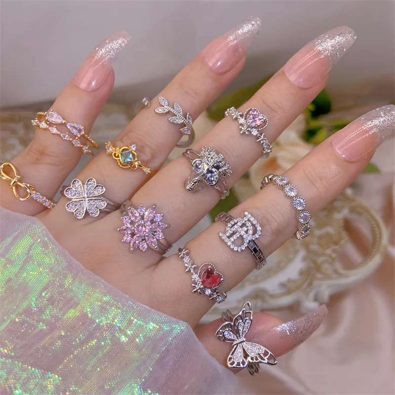 Wholesale Copper Plating Inlay Leaf Heart Shape Skull Zircon Open Rings
