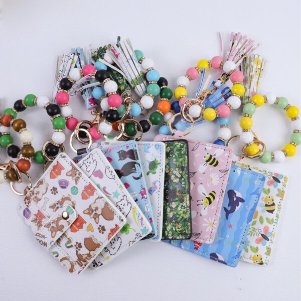 Wholesale New wooden bead bracelet, card holder, keychain, PU tassel beaded printed animal wallet/card holder