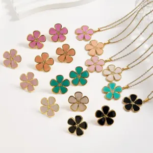 Wholesale European And American Trendy Fashion Ins Style Gold-Plated Imitation Gold 304 Stainless Steel Colorful Oil-Drip Flower Stud Earrings Necklace Set