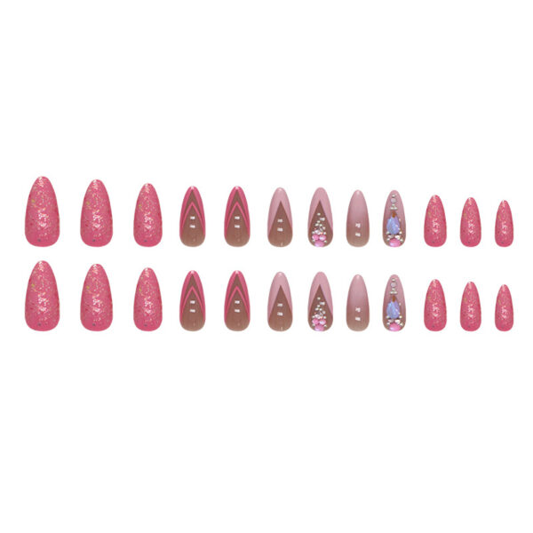 Wholesale Almond nail rose pink double-layer French flash fake nails European and American ins style wear nail French diamond manicure