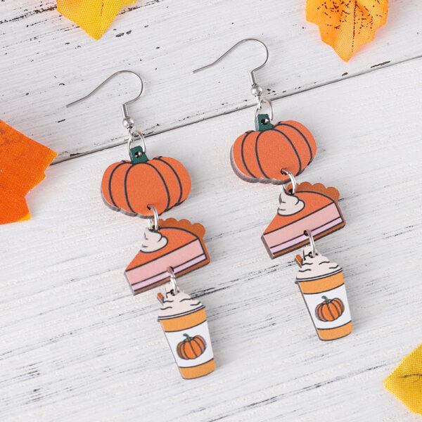 Wholesale Cross-border New Autumn Harvest Thanksgiving Pumpkin Pie Coffee Cup Triple Pendant Earrings Wooden Double-sided Earrings