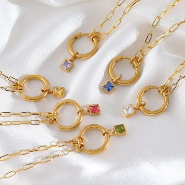 Wholesale Fashion Colorful Zodiac Stone Square Pendant Micro Inlaid Zircon Pin Stainless Steel Necklace Unisex Geometric Pattern Jewelry