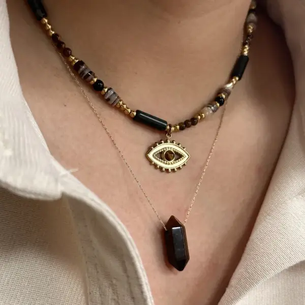 Wholesale 304 Stainless Steel Natural Stone Titanium Steel 14K Gold Plated Retro Ethnic Style Classic Style Plating Geometric Round Eye Rings Necklace