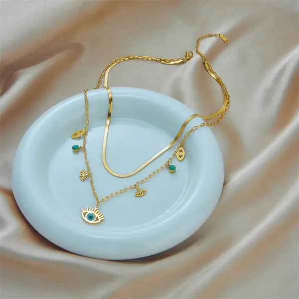 Wholesale PVD Coated Real Gold Plated Sun Eye Titanium Steel Fashion Waterproof Non Tarnish Layered Necklaces