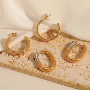 Wholesale 1 Pair Casual Simple Style C Shape Rectangle Mixed Metal Plating 304 Stainless Steel 18K Gold Plated Earrings Ear Studs