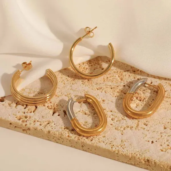 Wholesale 1 Pair Casual Simple Style C Shape Rectangle Mixed Metal Plating 304 Stainless Steel 18K Gold Plated Earrings Ear Studs