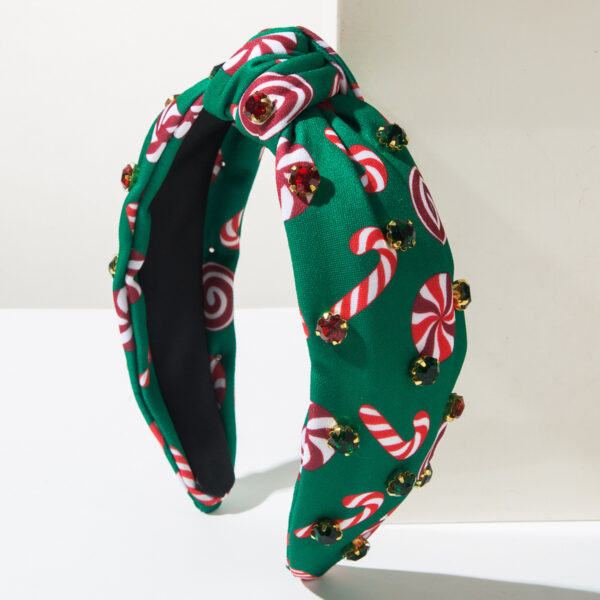 Wholesale Christmas headband, windmill cane print, rhinestone-studded Christmas hair aessory for women