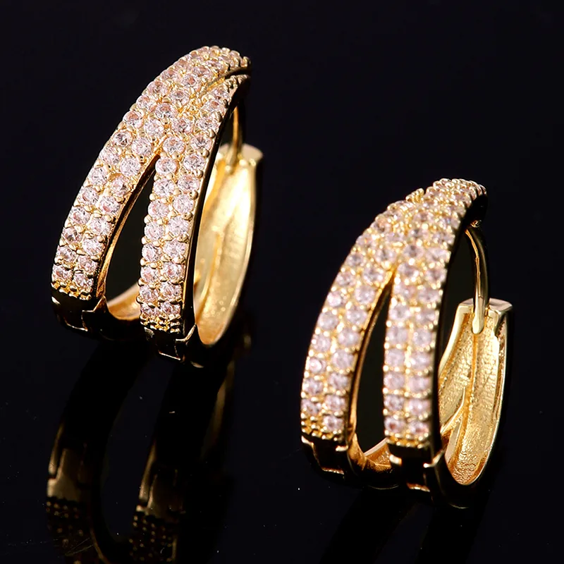 Wholesale 1 Pair Hip-Hop Luxurious Shiny Double Ring Inlay Copper Zircon 18K Gold Plated Earrings