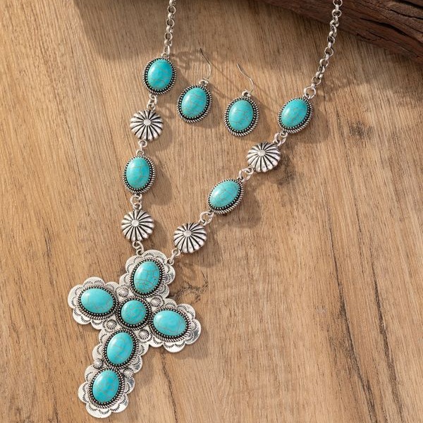 Wholesale Cross-Border European and American Retro Fashion Cross Turquoise Necklace and Earrings Western Style Exaggerated Jewelry Set