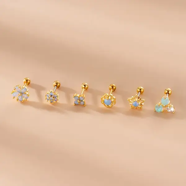 1 Piece 316L Stainless Steel Copper Zircon Ear Cartilage Rings & Studs Star Flower Waterproof Non Tarnish Surgical Steel Women'S