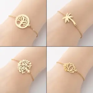 Wholesale PVD Coated Real Gold Plated Tree Coconut Tree Lotus 201 Stainless Steel Simple Style Waterproof Non Tarnish 201 Stainless Steel Bracelets