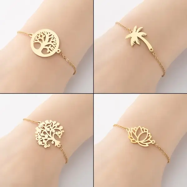 Wholesale PVD Coated Real Gold Plated Tree Coconut Tree Lotus 201 Stainless Steel Simple Style Waterproof Non Tarnish 201 Stainless Steel Bracelets