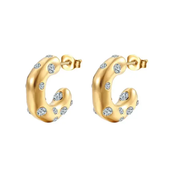 Wholesale 304 Stainless Steel C Shape PVD Coated Artificial Crystal Artificial Rhinestones 18K Real Gold Plated 18K Gold Retro Waterproof Non Tarnish Plating Inlay Ear Studs