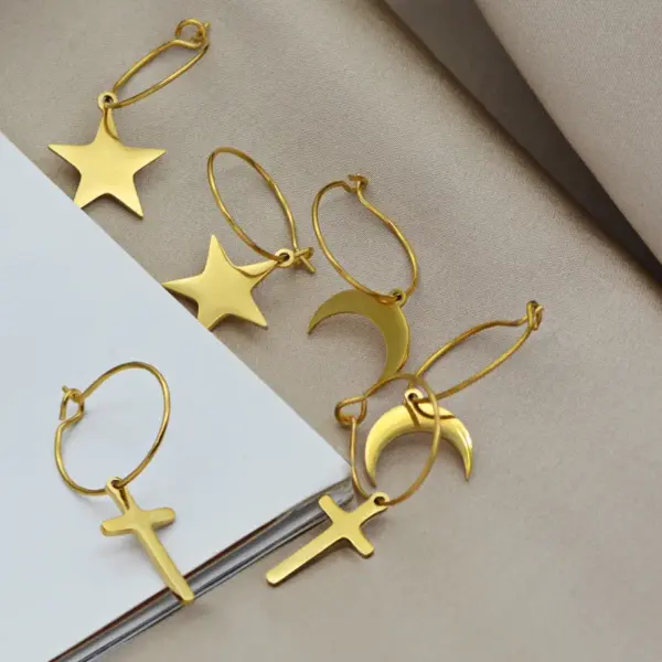 Wholesale PVD Coated 14K Gold Real Gold Plated Cross Star Moon 304 Stainless Steel Fashion Simple Style Waterproof Non Tarnish Earrings