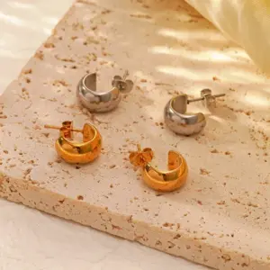 Wholesale 304 Stainless Steel C Shape Solid Color Electroplated 18K Real Gold Plated Simple Style Waterproof Non Tarnish Gold Silver Ear Studs