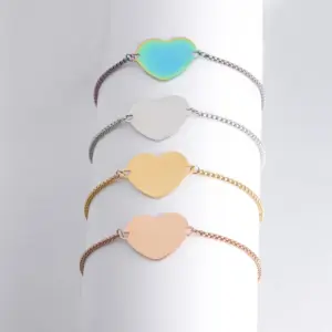 PVD Coated 18K Gold Real Plated Customization Laser Engraving Heart Shape 304 Stainless Steel Casual Waterproof Non Tarnish Bracelets
