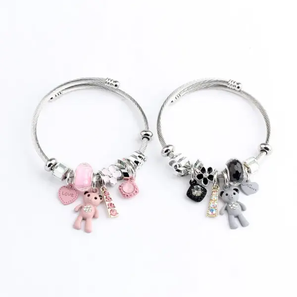 Wholesale Fashion Bear Heart Shape Flower Titanium Steel Plating Rhinestones Bangle