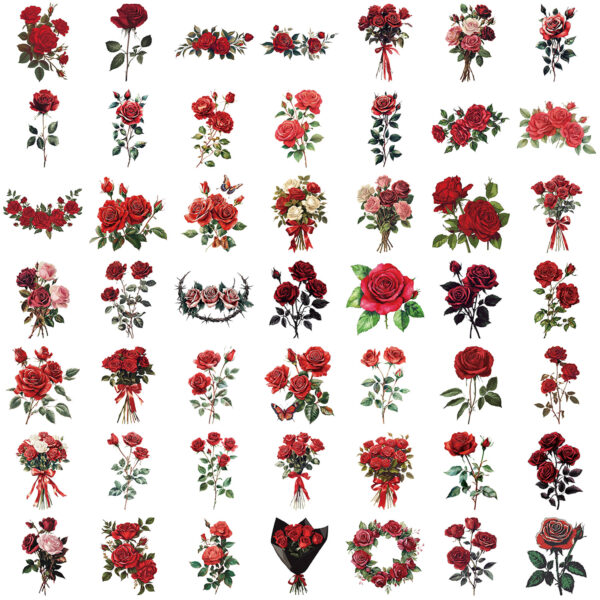 Wholesale 50 sheets transparent retro red rose sticker bag waterproof transparent PET hand account material decorative guitar notebook
