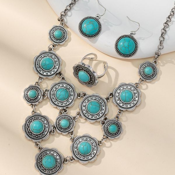 Wholesale Bohemian vintage multi-layered round white and blue pine necklace