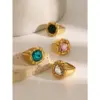 Wholesale 304 Stainless Steel Geometric PVD Coated Glass 18K Real Gold Plated Real Gold Plated Formal Classic Style Artistic Waterproof Non Tarnish Inlay Rings