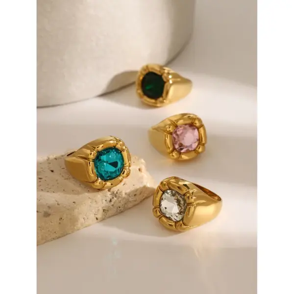 Wholesale 304 Stainless Steel Geometric PVD Coated Glass 18K Real Gold Plated Real Gold Plated Formal Classic Style Artistic Waterproof Non Tarnish Inlay Rings