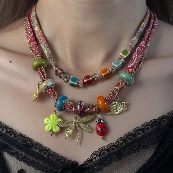 Wholesale Jewelry Casual Elegant Classical Heart Shape Ladybugs Flower 304 Stainless Steel Bandana Cloth Strip 18K Gold Plated PVD Coated Plating Silk Scarf Cord Cuban Link Chain Curb Chain Cloth Strip Multi Charms Necklace