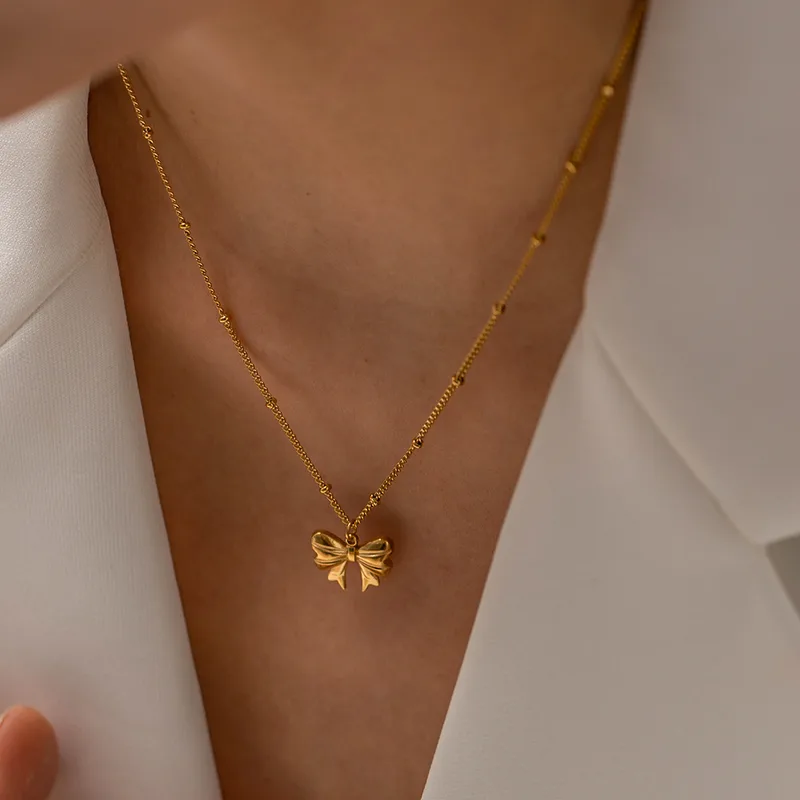 Wholesale Real Gold Plated 304 Stainless Steel PVD Coated Bow Knot Classic Style Pendant Necklace For Women's