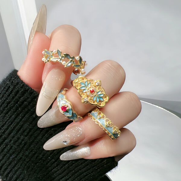 Wholesale Little Red Book Explosive Guofeng Burned Blue Lace Enamel Niche Ring Women's Light Luxury Fashion High-end Elegant Finger Ring